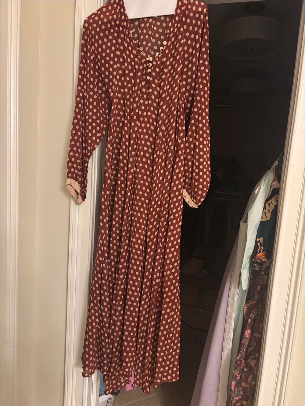 Natalie Martin Rust Maxi Dress with Cream Polka Dots
